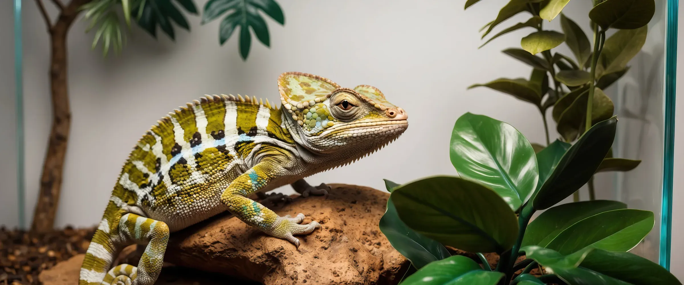 Terrarium med värmelampa och klätterskog för en nybörjarreptil