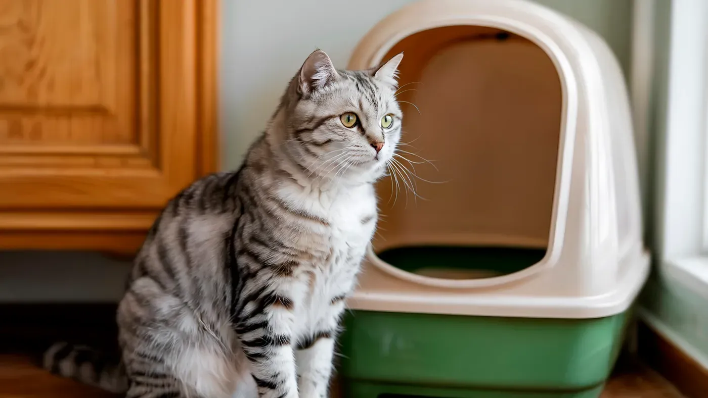 Katt som sitter bredvid en kattlåda i ett vardagsrum.